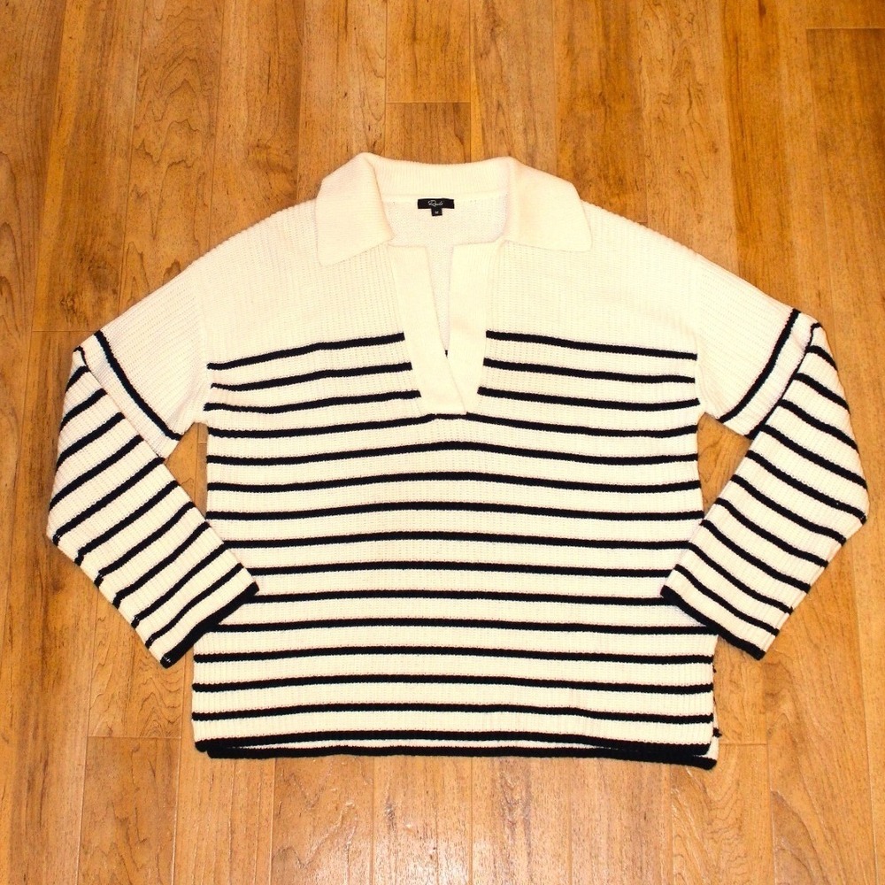 Rails Harris White Navy Stripe Sweater Womens Medium Polo Striped V-Neck Knit